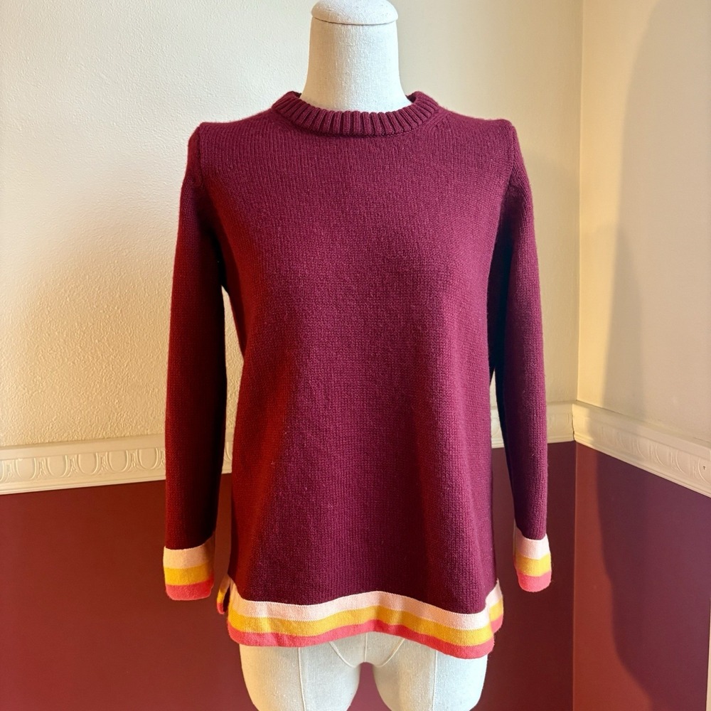J.Crew Triple-Tip Sweater Womens M 100% Wool Burgundy Stripe